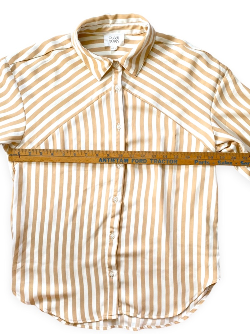 Olive & Oak Tan White Striped Button Down Blouse Womens Small Long Sleeve - Picture 12 of 12